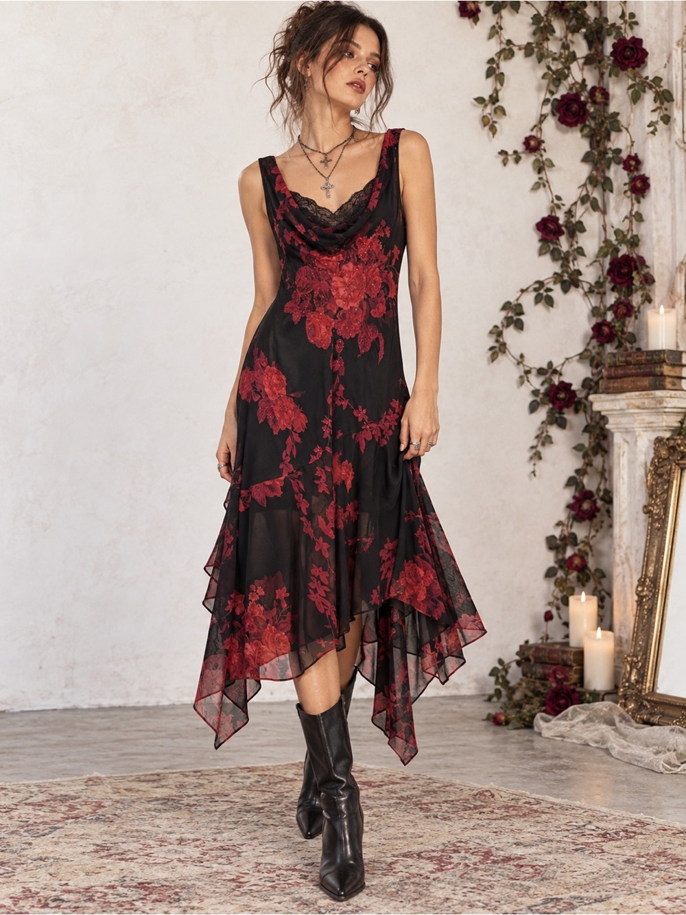 VTG Y2K Dark Red Floral Beaded Chiffon Sleeveless Midi Dress Fairy Whimsigoth M